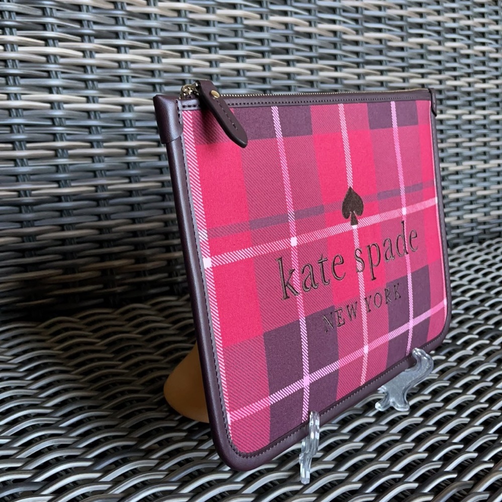 Kate Spade Ella Plaid Bright Rose Large Zip Pouch Clutch - Picture 12 of 16
